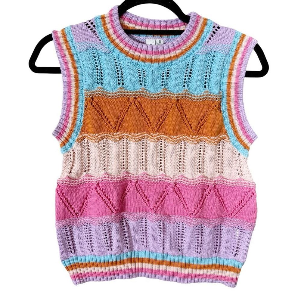Grace + Karma Boho Y2K Multicolored Pullover‎ Open Knit Sweater Vest Size Small